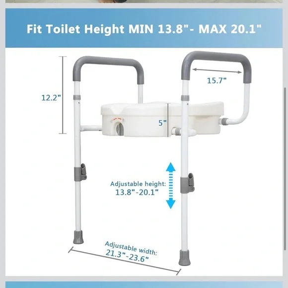Adjustable White Raised Toilet Seat With Safety Rail - Picture 5 of 9